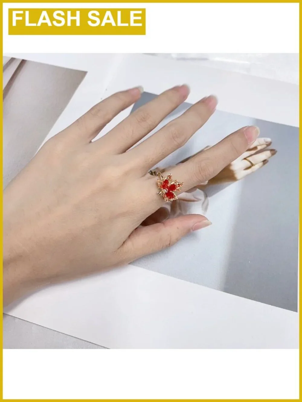 Cubic Zirconia Maple Leaf Open Ring Adjustable Wrap Band Women Dainty